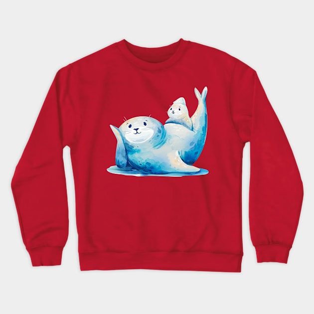 Seal with Baby watercolor Crewneck Sweatshirt by Mako Design 